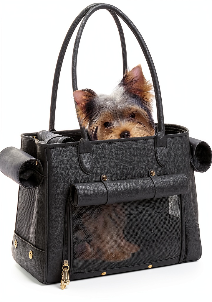 Minsong soft sided pet carrier placed on a coffee table with a small dog peeking out of the mesh window