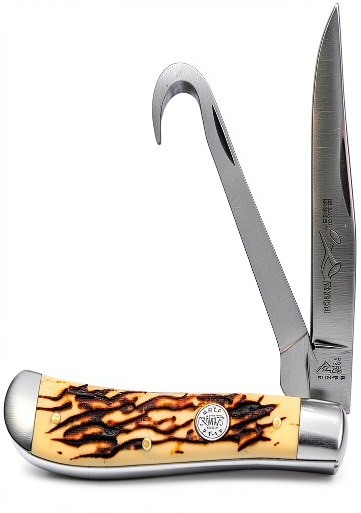 SZCO folding knife displayed open with dual blades and bone-style handle