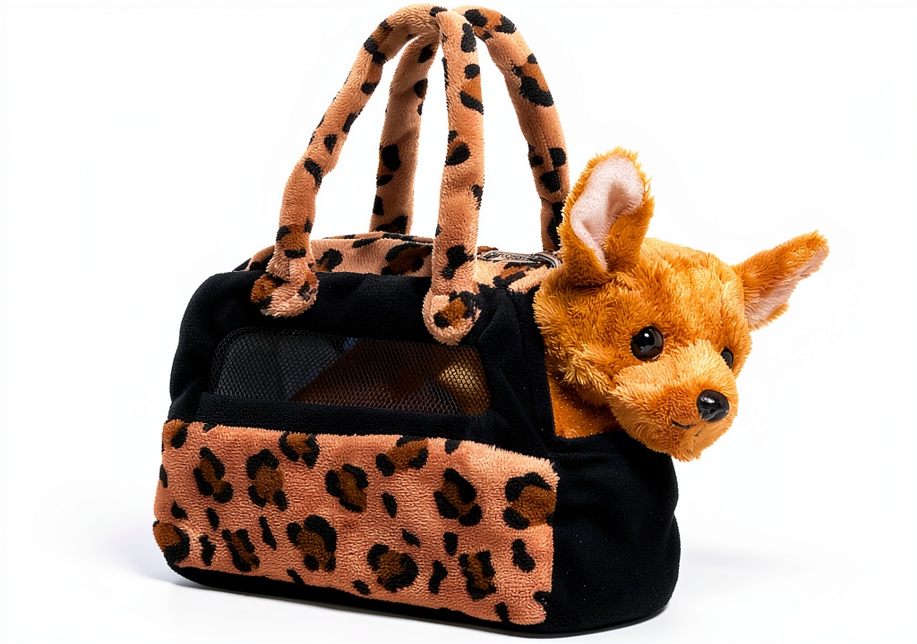 Aurora plush dog purse with realistic styling and fine plush fabric